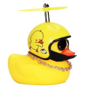 Yellow rubber duck with a propeller helmet, chain, and sunglasses, perfect for quirky home decor or gifts.