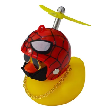 Spiderman-themed rubber duck with a red helmet, sunglasses, and golden chain, perfect for playful decor or gifts.