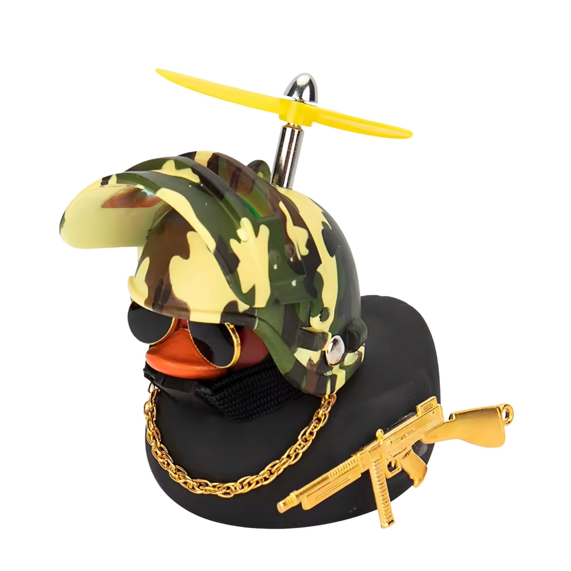 Camouflage rubber duck with yellow propeller, sunglasses, gold chain, and toy firearm, perfect for unique decor.