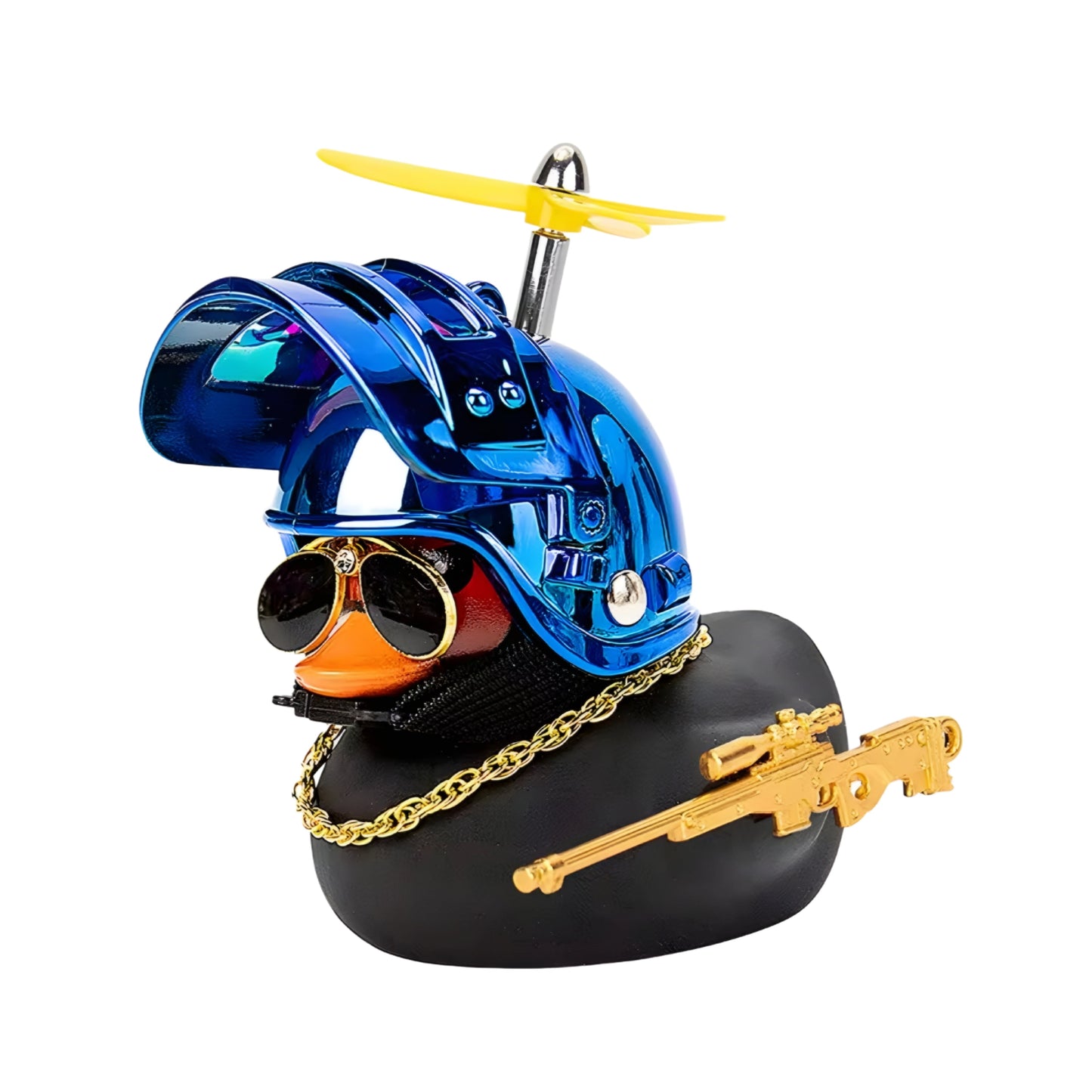 Blue metallic helmet duck figurine with gold accessories and sunglasses, featuring a helicopter rotor and gun.