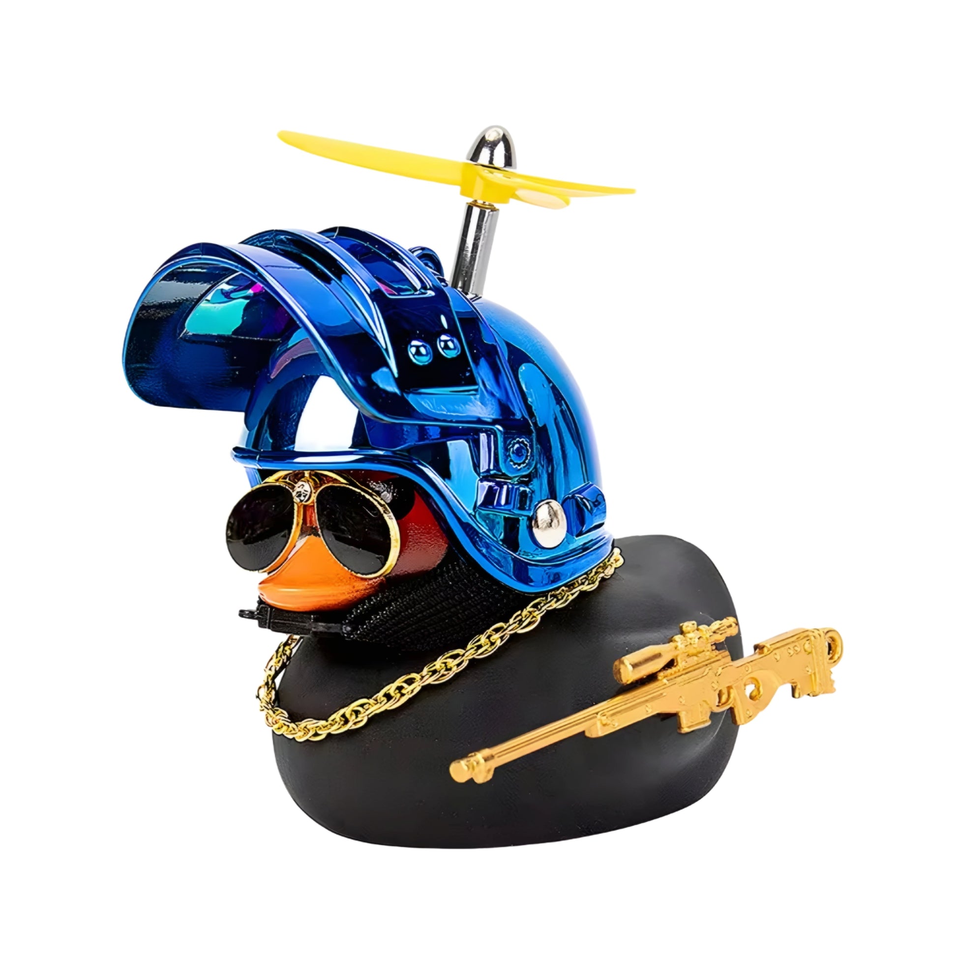 Blue metallic helmet duck figurine with gold accessories and sunglasses, featuring a helicopter rotor and gun.