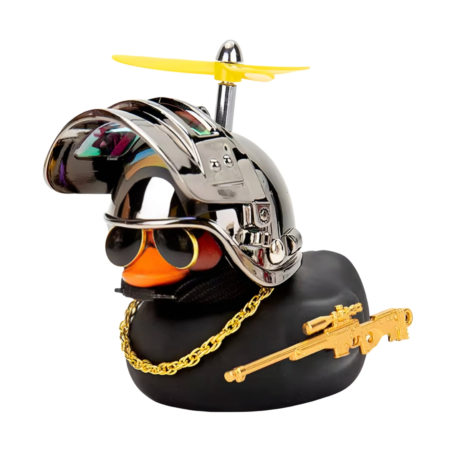Stylish black rubber duck with metallic silver helmet, gold chain, toy sniper rifle, and spinning yellow propeller.