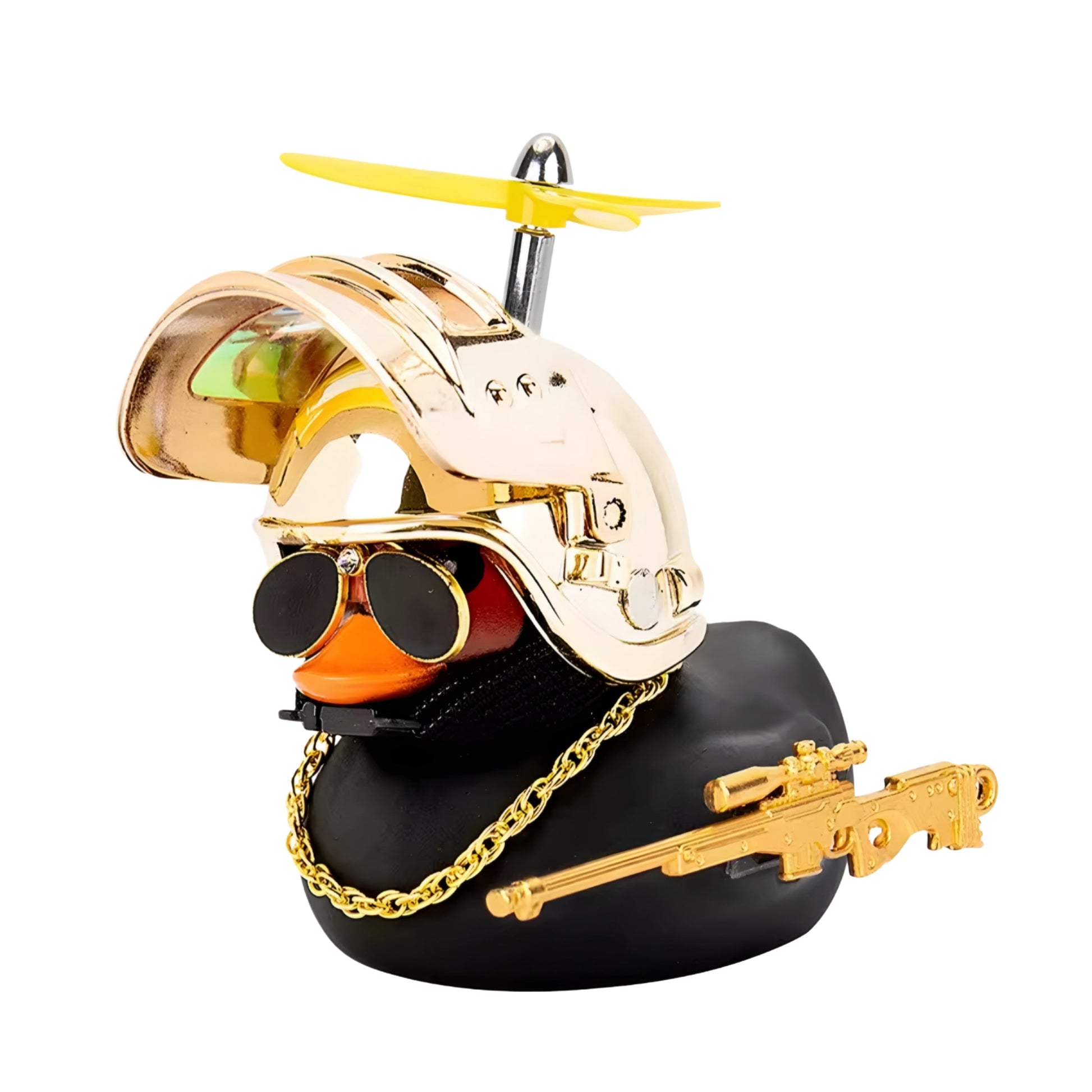 Black rubber duck with gold accessories, including a helmet, sunglasses, chain, and toy rifle, featuring a helicopter propeller.
