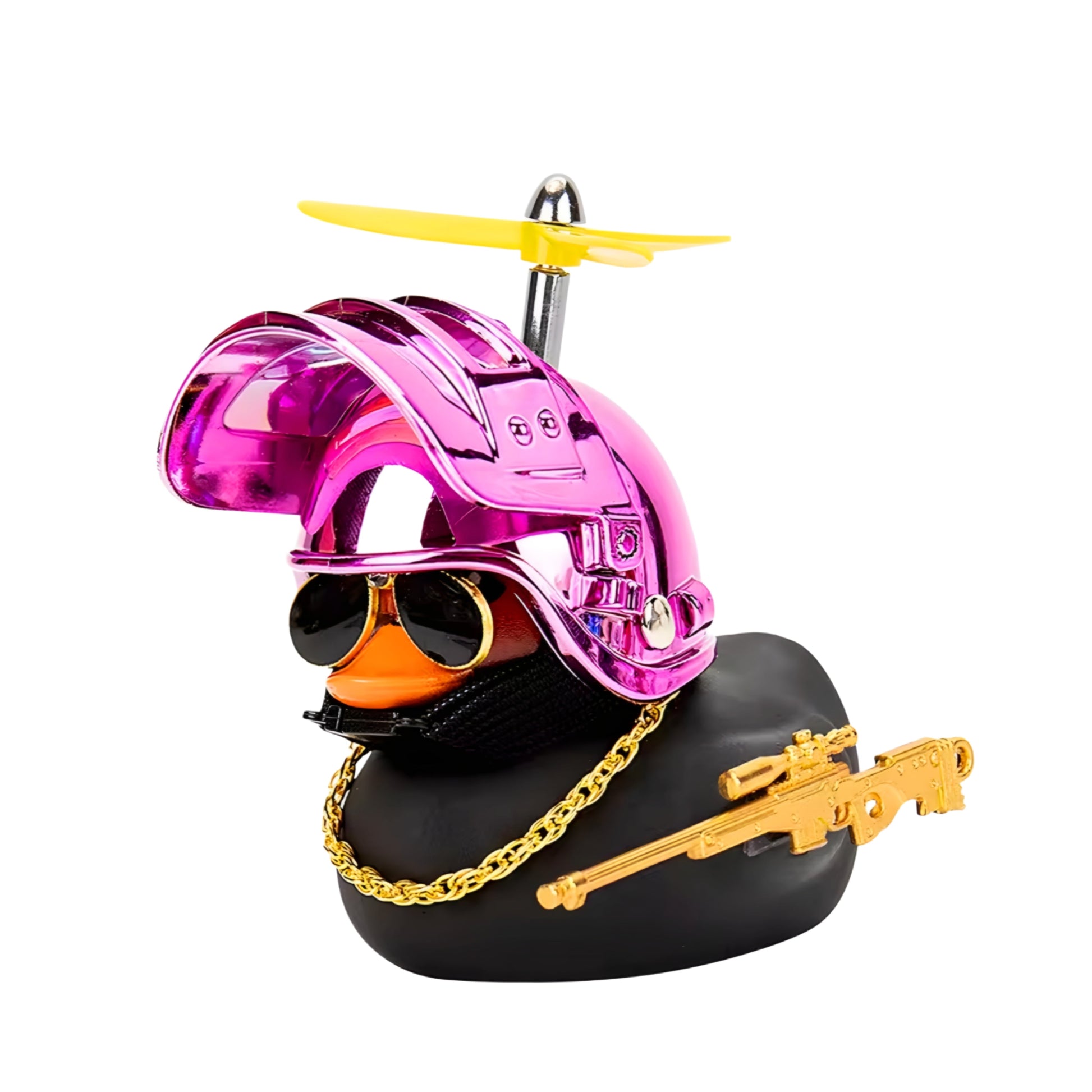 Colorful rubber duck with a shiny pink helmet, gold sunglasses, and a toy gun necklace, perfect for playful decor.