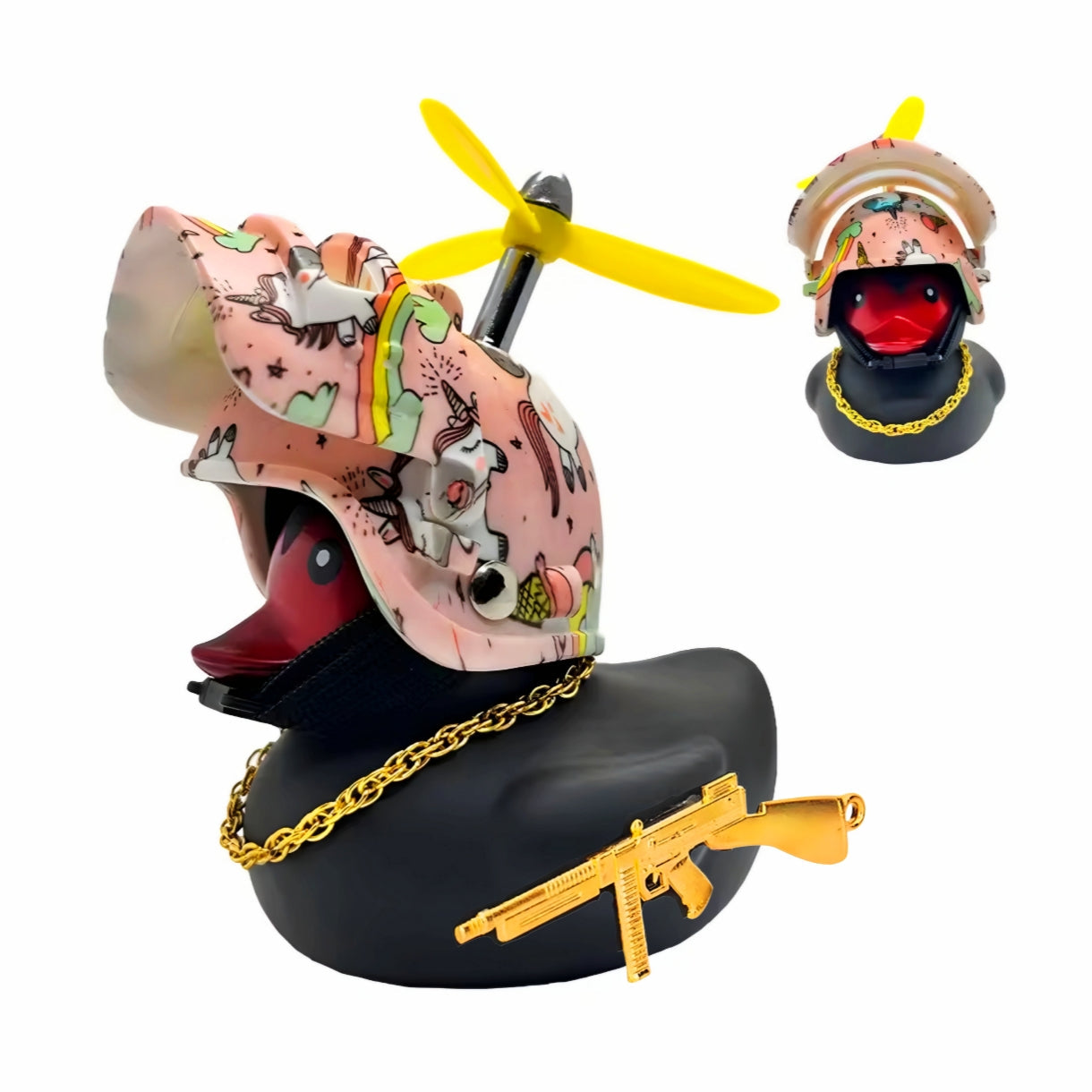 Colorful unicorn-themed helmet on a black rubber duck, accessorized with a gold chain and toy gun. Fun and quirky decor.