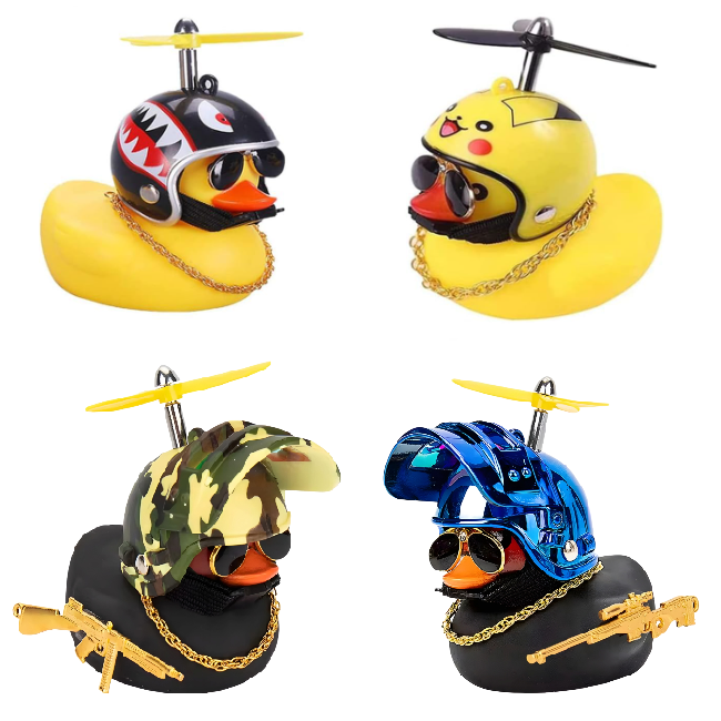 Colorful rubber duck figurines in unique styles: black, yellow, and camo helmets with sunglasses and playful accessories.