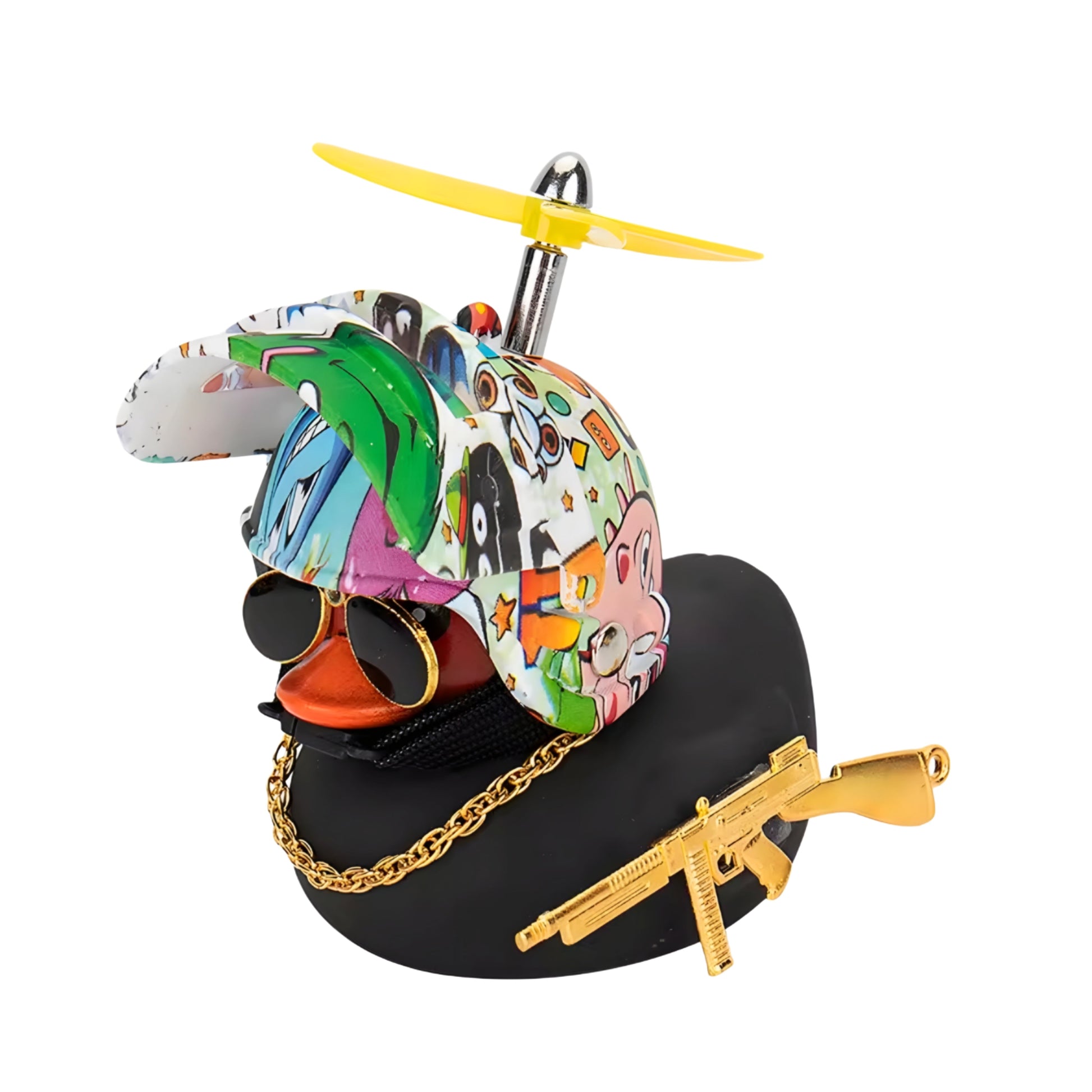 Urban graffiti-style rubber duck with a colorful helmet, sunglasses, gold chain, and toy gun accessory.