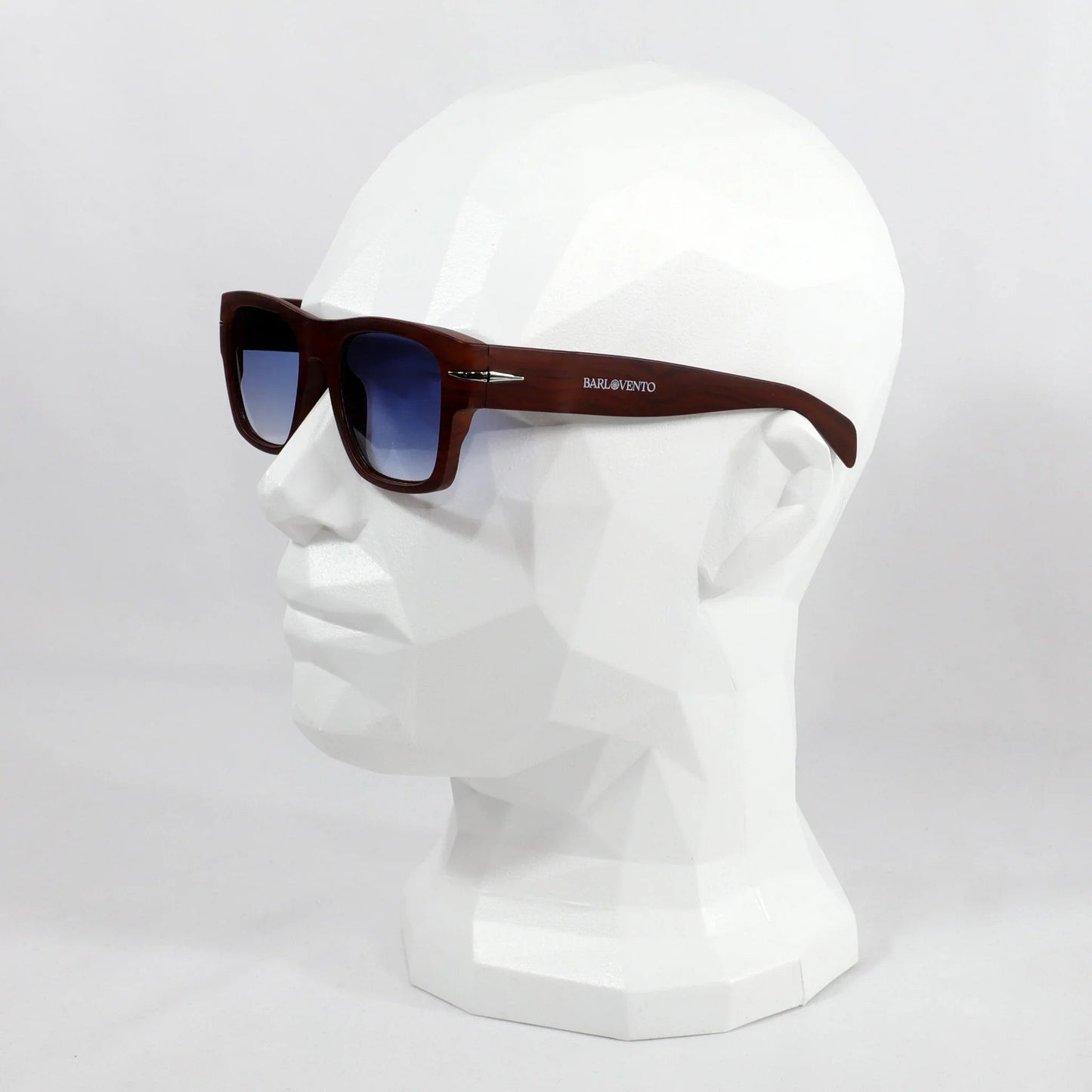 Pechón · gafas de sol cuadradas con vetas de madera y lentes azules