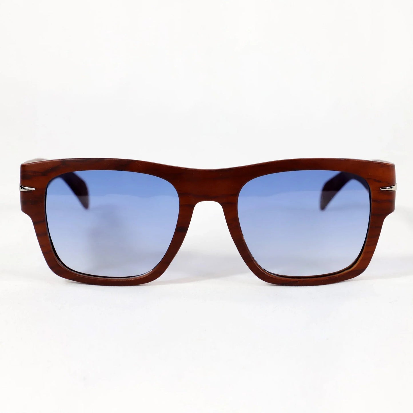 Pechón · gafas de sol cuadradas con vetas de madera y lentes azules