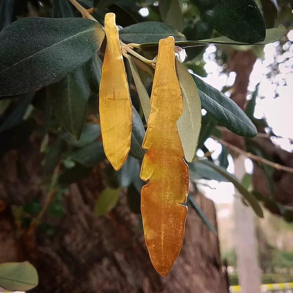 Pendientes de metal dorado, estilo moderno, con forma de hoja, colgados de una rama verde.