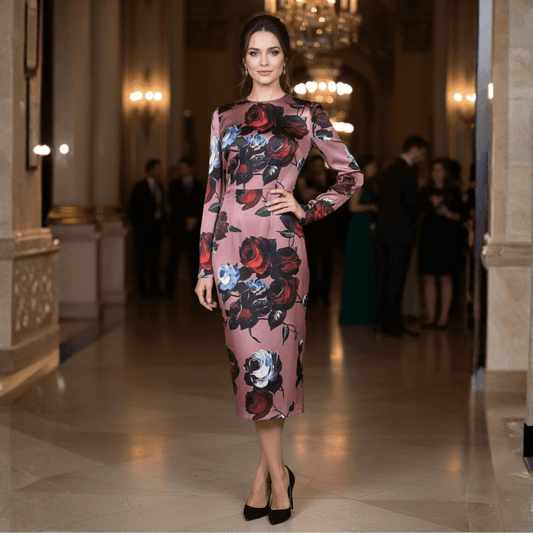 Elegant pink floral satin midi dress with long sleeves and a fitted silhouette, perfect for formal occasions.