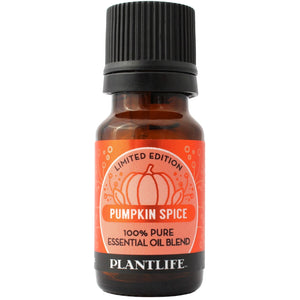 Small brown glass bottle of Plantlife Pumpkin Spice essential oil with a black ribbed cap and orange, branded label.
