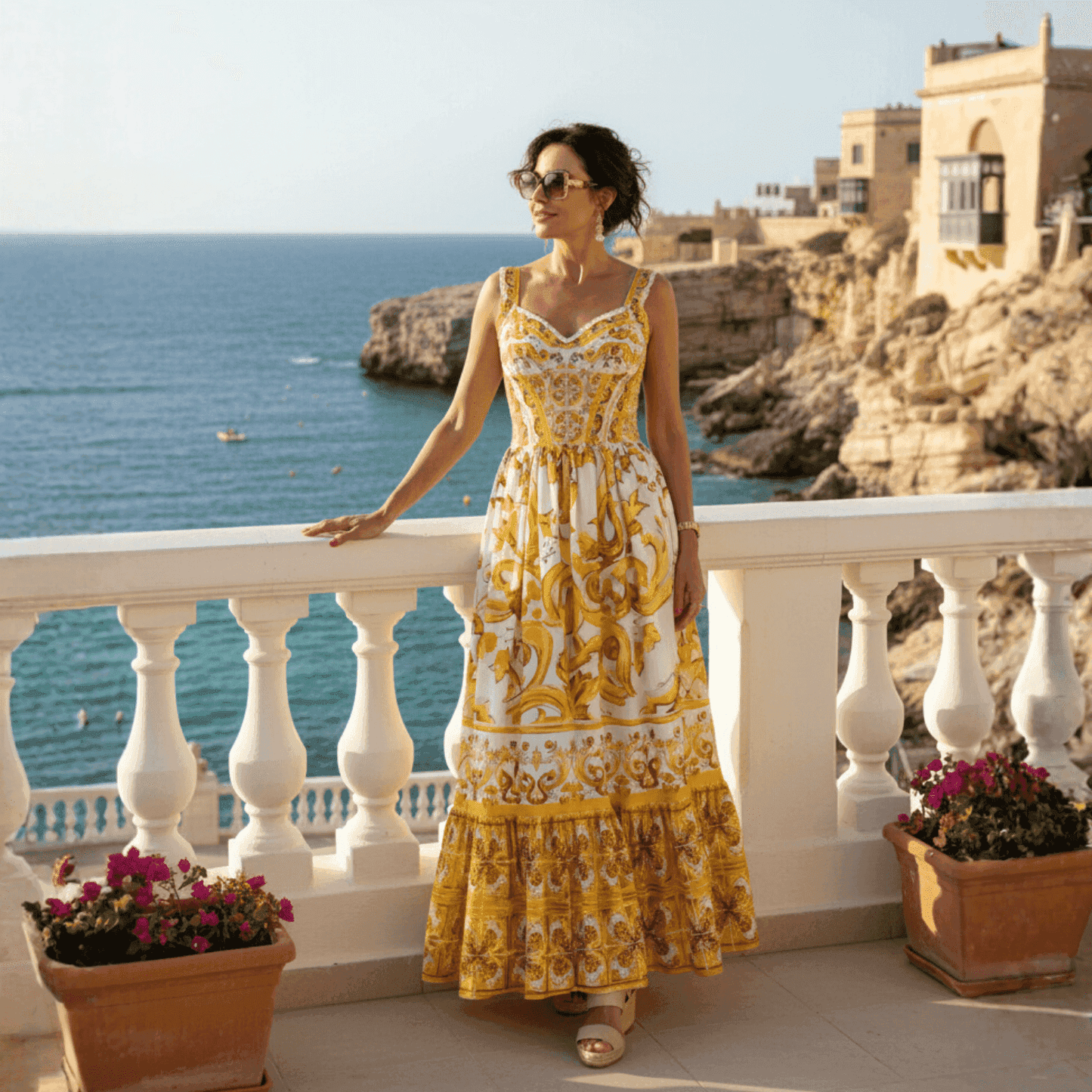 Yellow and white floral maxi dress with tiered hem, perfect for summer beach outings. Elegant and stylish.