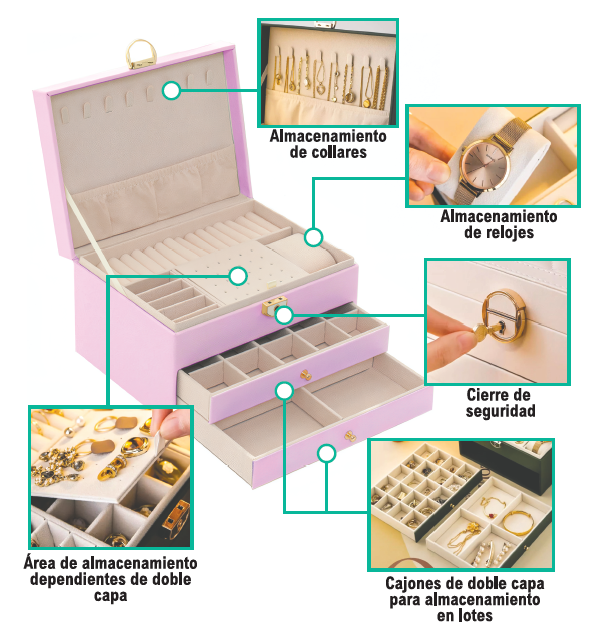 Joyero de Madera 3 Plantas: Primer plano del cierre de seguridad y la llave, mostrando los detalles finos del herraje metálico que garantiza la protección de las joyas.