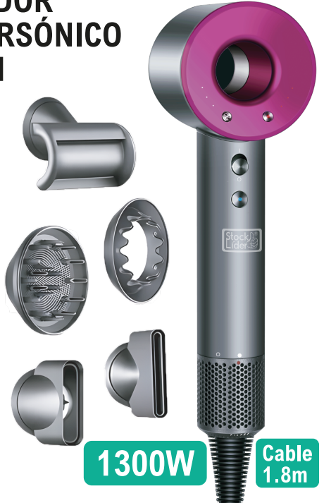 Secador de pelo profesional 5 en 1 con accesorios, motor de 1300W y cable de 1.8m, ideal para un secado rápido.