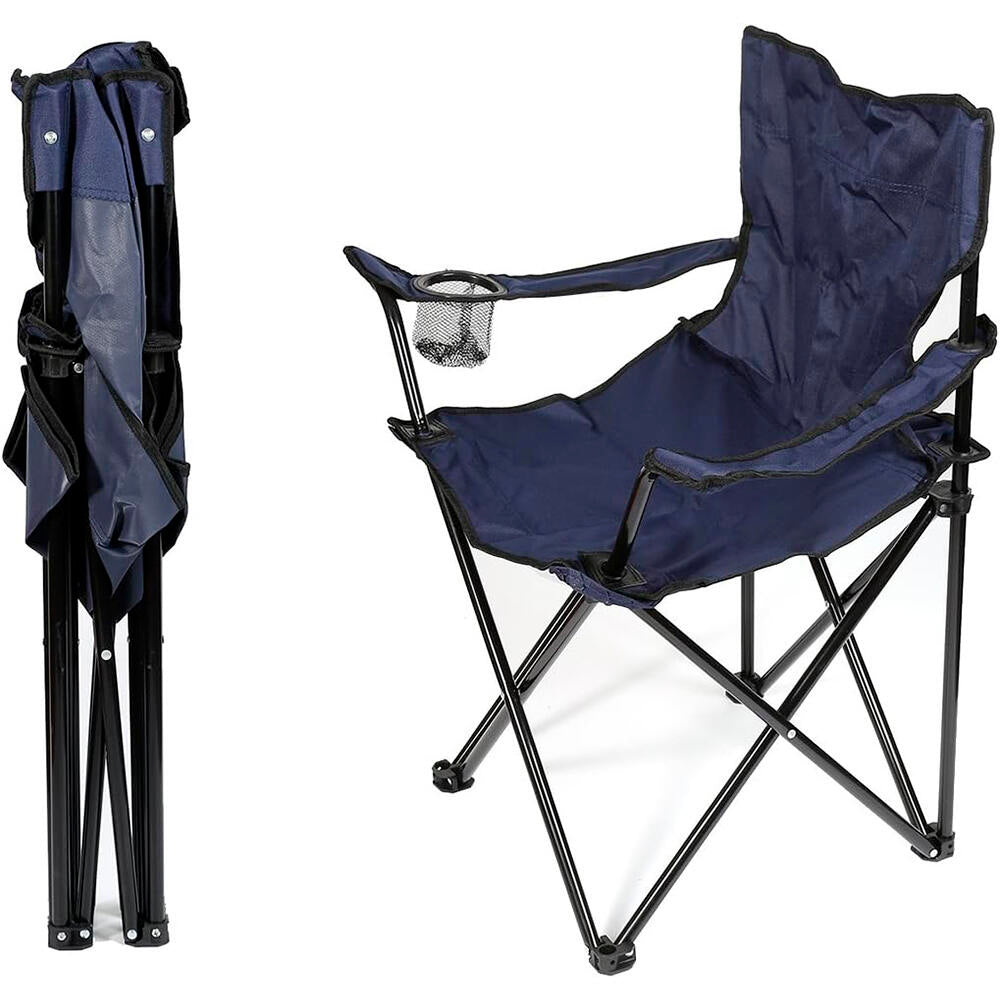 Pack 2 Silla Plegable Camping Playa Terraza, silla plegable azul con posavasos, ideal para camping y días de playa.