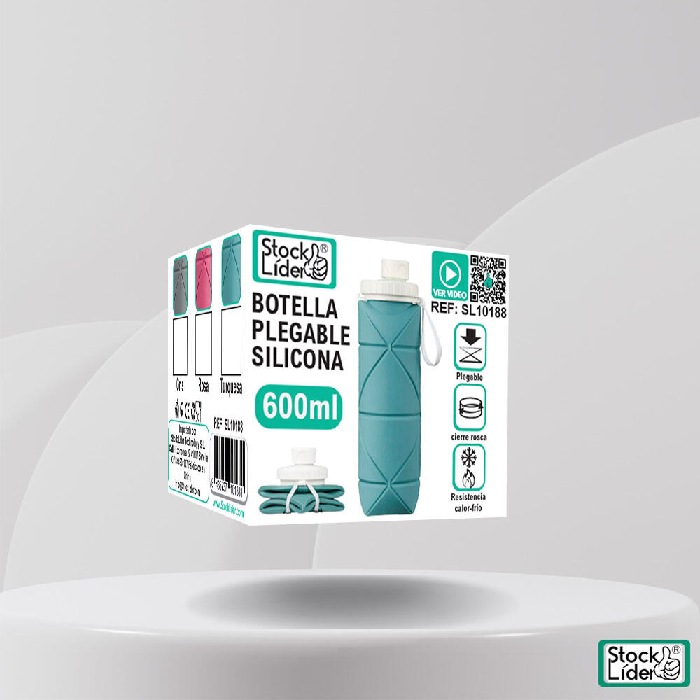 Botella de Agua Plegable: Vista de la botella de 600 ml totalmente expandida, mostrando el tapón de rosca de acero inoxidable y la calidad de la silicona sin BPA.
