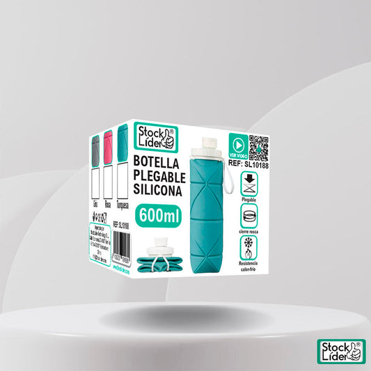 Botella de Agua Plegable: Vista de la botella de 600 ml totalmente expandida, mostrando el tapón de rosca de acero inoxidable y la calidad de la silicona sin BPA.