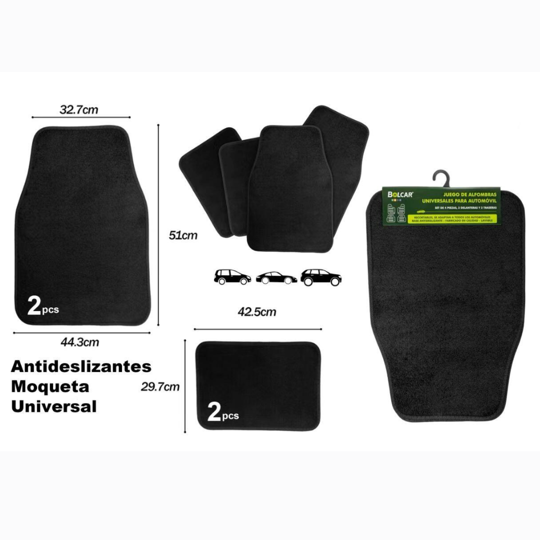Alfombrillas coche universales de moqueta antideslizantes, tamaño y diseño ideal para todos los vehículos.