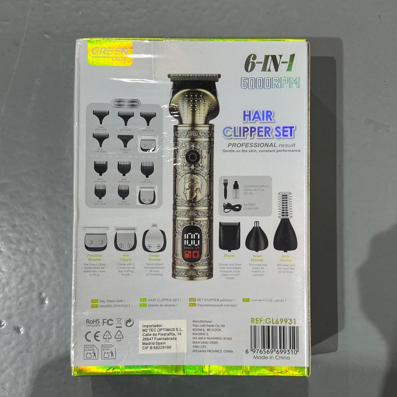 Máquina Cortapelo 6 en 1 en su envase con accesorios y especificaciones técnicas.