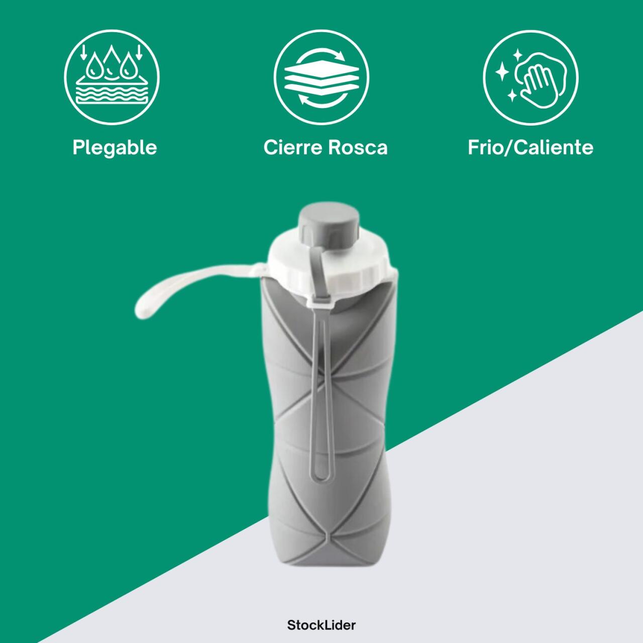 Botella de Agua Plegable de 600ml en silicona ecológica, diseño funcional y portátil para frío/caliente.
