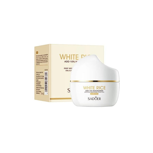 Tarro de crema facial blanco con tapa curva y caja beige de producto hidratante con niacinamida y arroz.