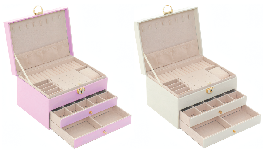 Joyero de Madera 3 Plantas: Detalle de los cajones de doble capa y los compartimentos individuales para anillos, relojes y collares, resaltando la organización inteligente y el material de terciopelo.