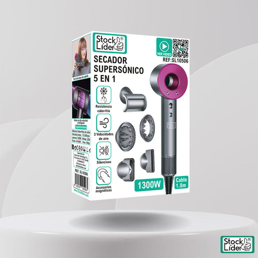 Secador de pelo profesional 5 en 1 con accesorios y características destacadas en su empaque.
