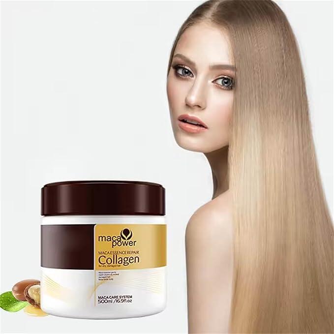 Mujer de cabello lacio y rubio junto a un tarro de 500ml de mascarilla capilar de colágeno con tapa café.