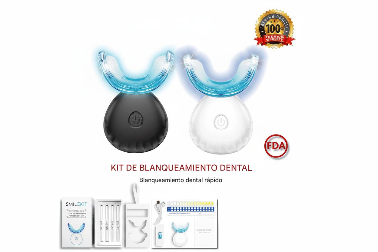Kit de blanqueamiento dental con luz LED, incluye dos dispositivos, geles blanqueadores, cable y guía de tonos.