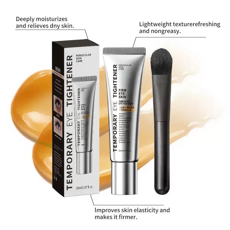 Crema de contorno de ojos tensor con caja, tubo aplicador y brocha sobre fondo con textura de crema.