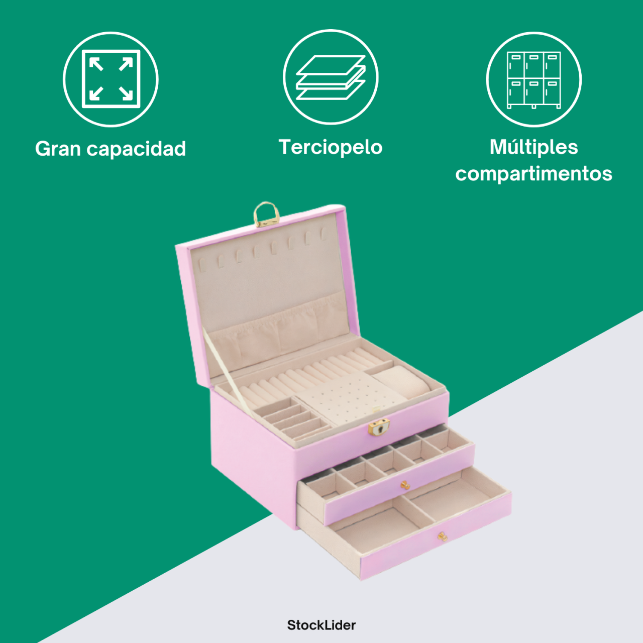 Joyero de Madera 3 Plantas: Vista frontal abierta del joyero de madera, destacando la organización interna con múltiples compartimentos, el forro de terciopelo suave y el acabado en color blanco/rosa.