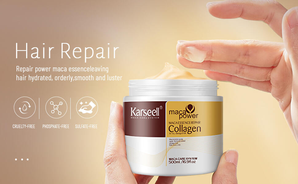 Mascarilla capilar de colágeno 500ml en tarro blanco y dorado, sostenido por manos con crema en los dedos.