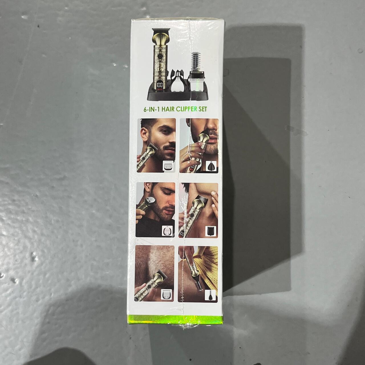 Máquina Cortapelo 6 en 1 - Set de corte con imágenes de uso y accesorios en el empaque.