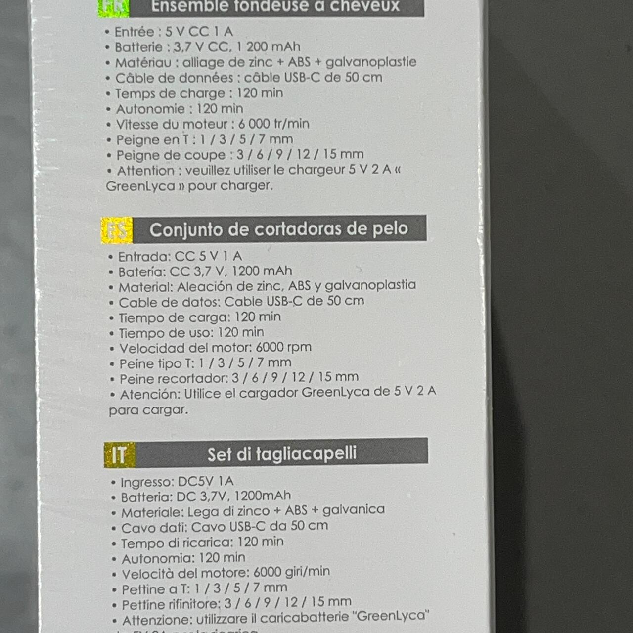 Información técnica de la Máquina Cortapelo 6 en 1, mostrando batería, motor y peines guía.
