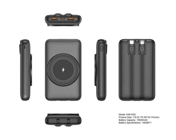 Batería externa portátil con carga sin cables y diseño compacto