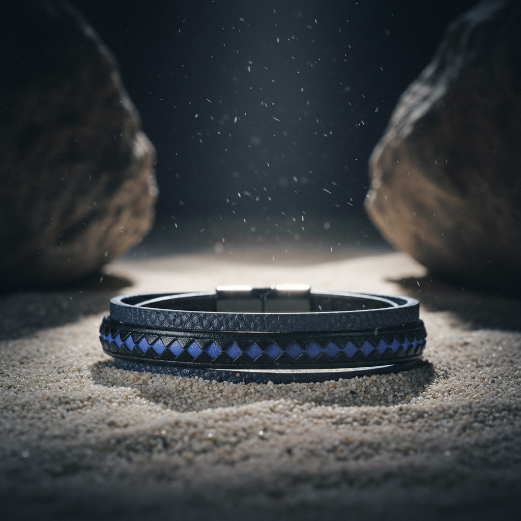 Pulsera Taurus · Pulsera de cuero auténtico trenzado con detalles azules y cierre de aluminio