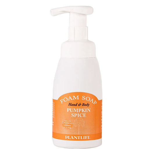 White plastic pump bottle for foam soap with an orange label reading Pumpkin Spice and Plantlife brand logo.