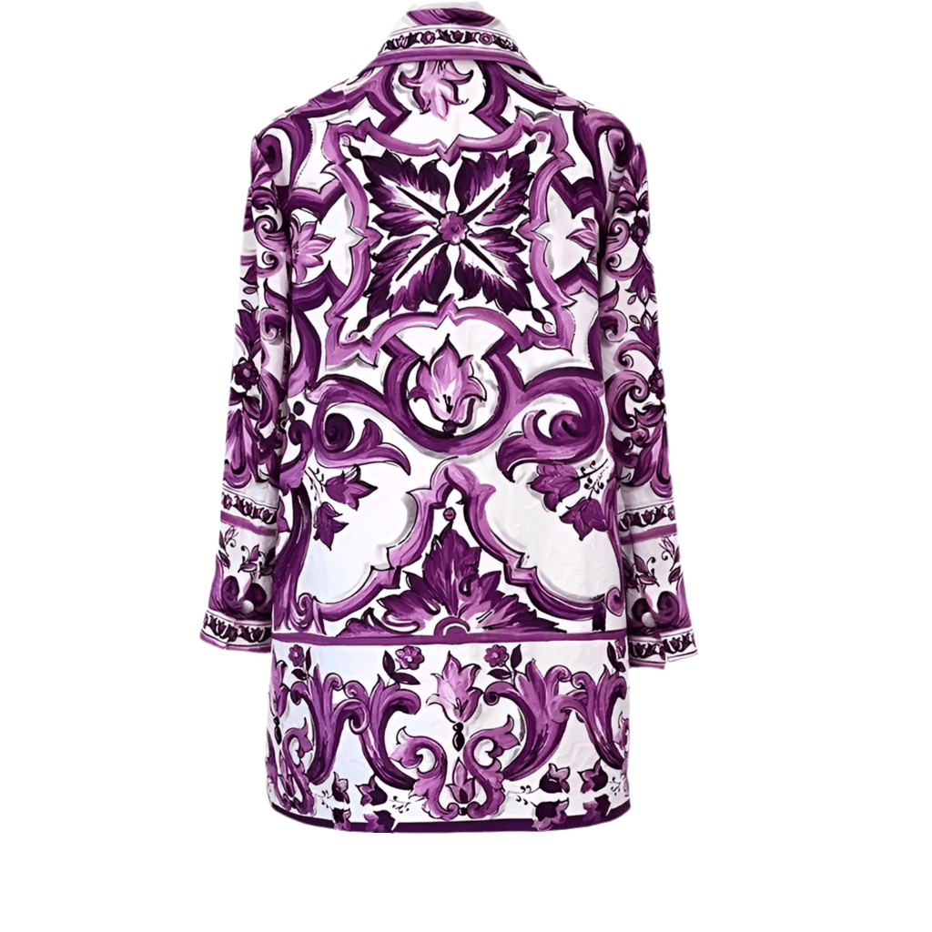 Long jacket in white and purple brocade with a detailed floral Majolica print and structured collar.