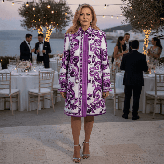 Woman wearing a structured, long-sleeved purple and white Majolica print brocade jacket at an outdoor event.