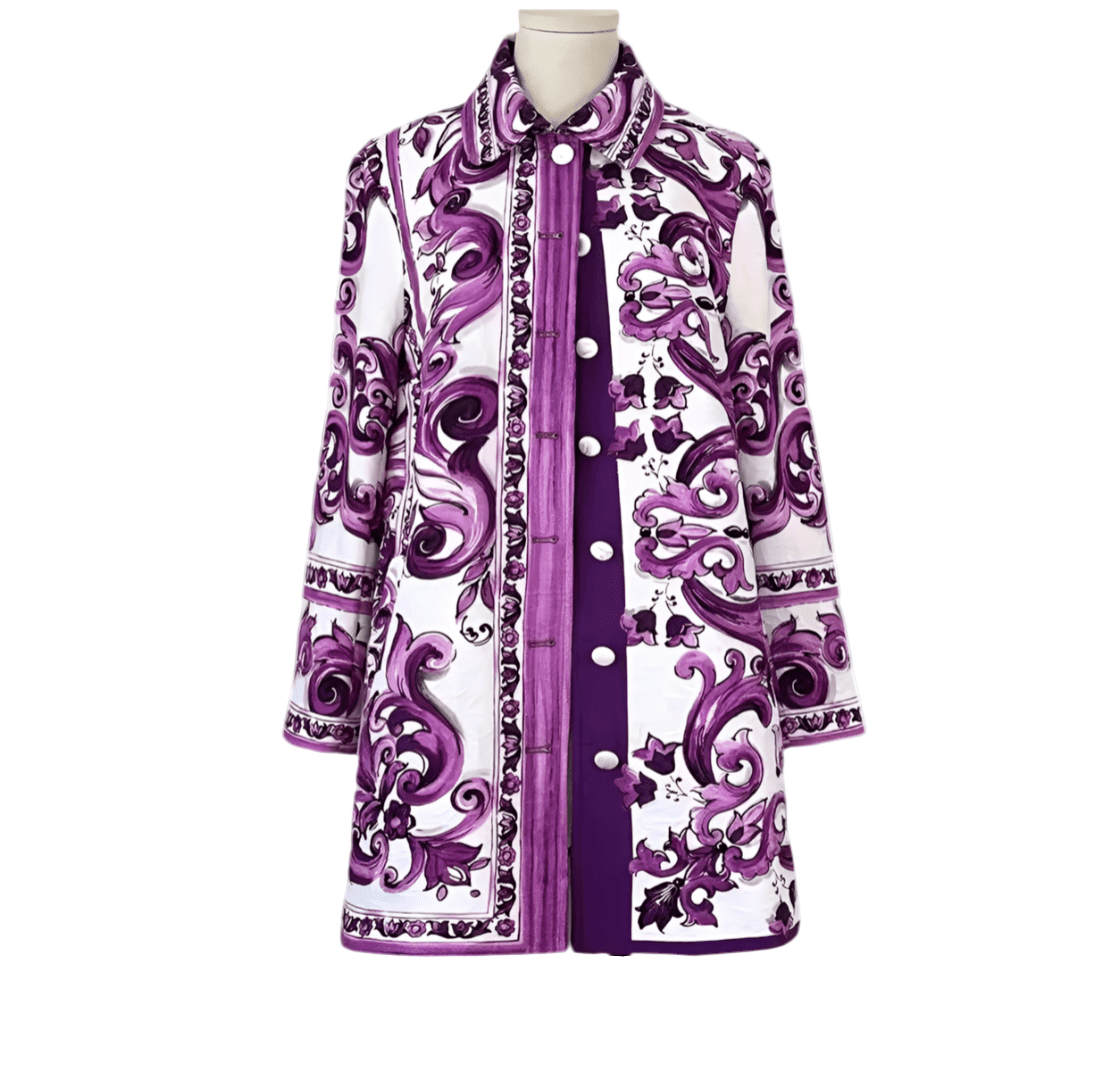 Long-sleeve purple and white brocade overcoat with intricate Majolica scroll print, button front, and shirt collar.