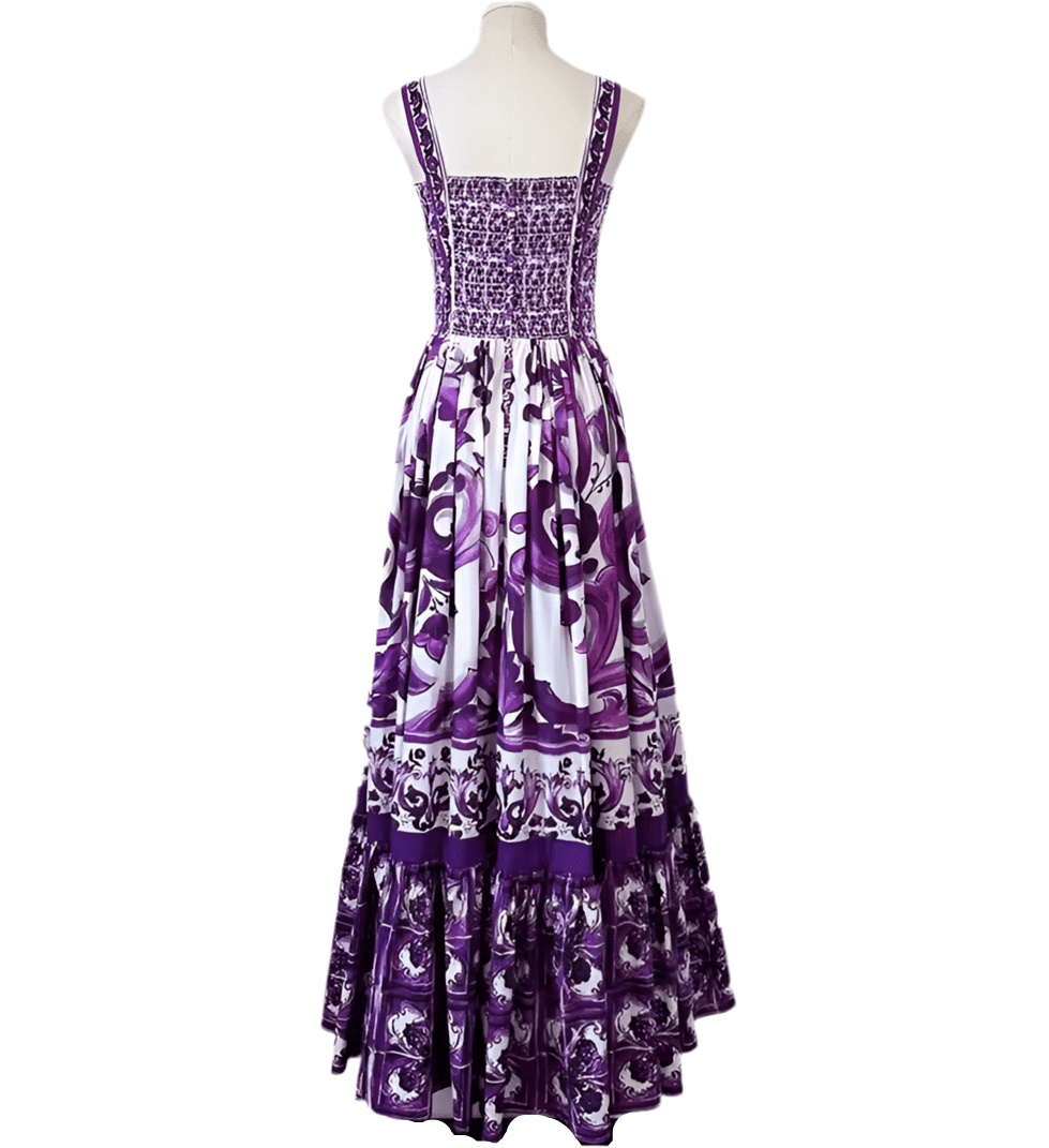 Purple floral maxi dress with smocked bodice and tiered ruffle hem, perfect for summer outings.