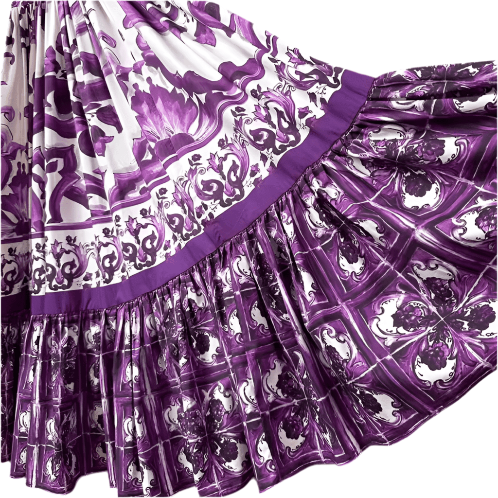 Purple and white floral patterned skirt with ruffled hem in lightweight fabric, perfect for summer styling.