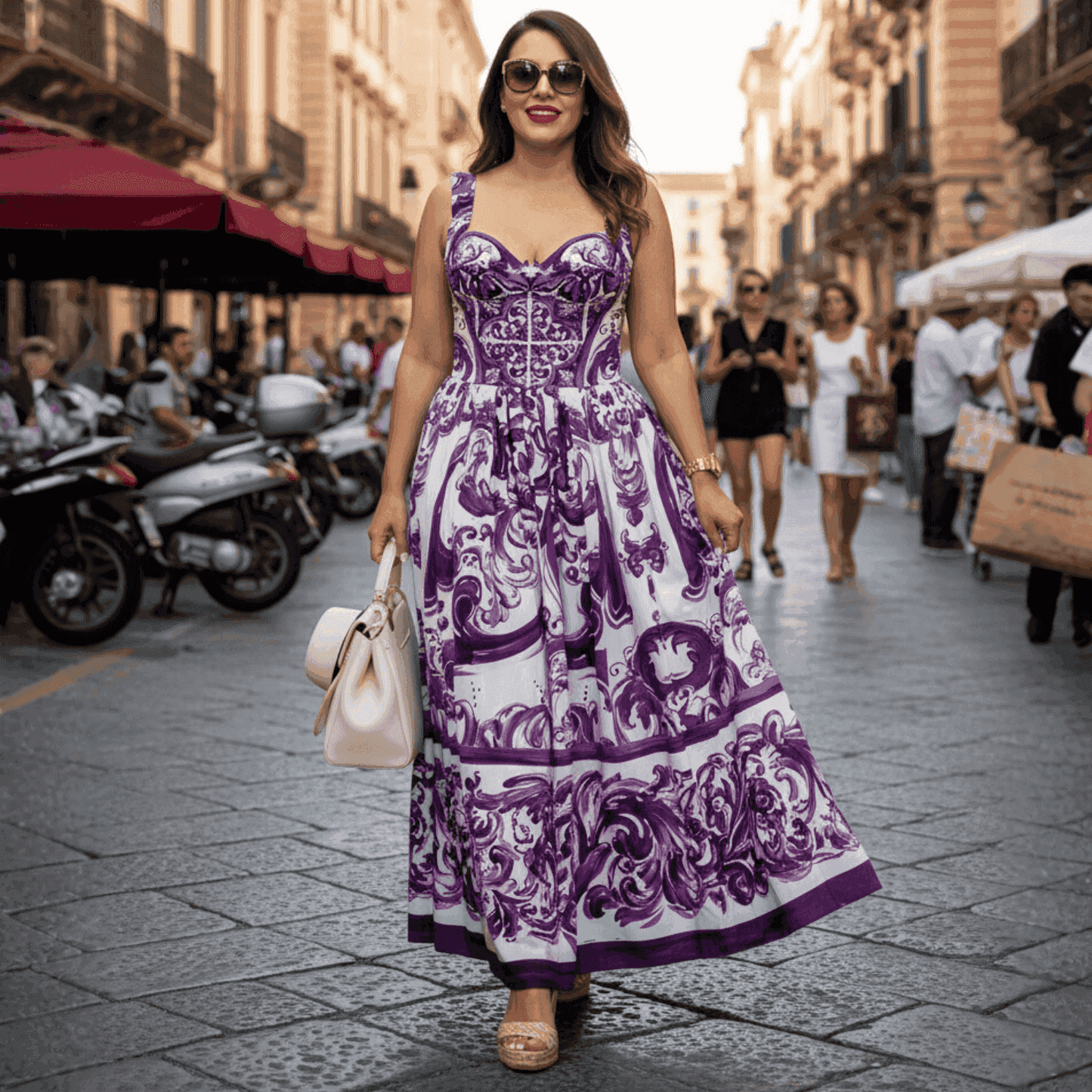 Purple and white floral maxi dress with a corset top, worn with sunglasses and a stylish handbag, perfect for summer outings.