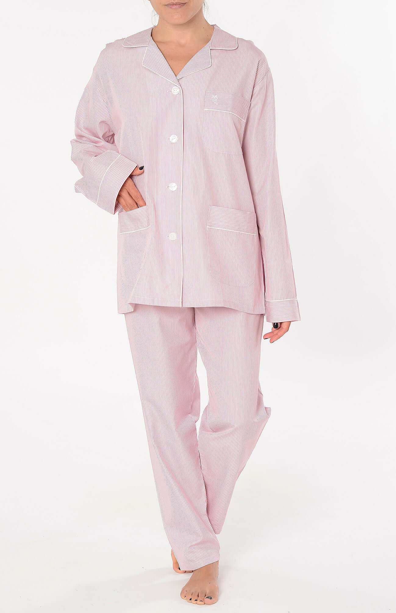 Pijama Mujer Largo Solapa Algodón Popelín Rayas - Rosa 0202_94