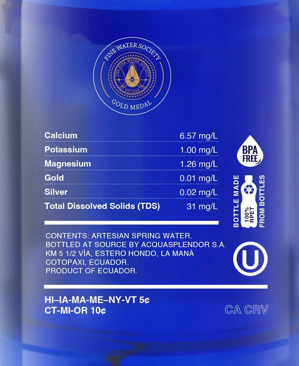 Blue plastic water bottle label showing nutritional facts, Fine Water Society logo, and recycling information.