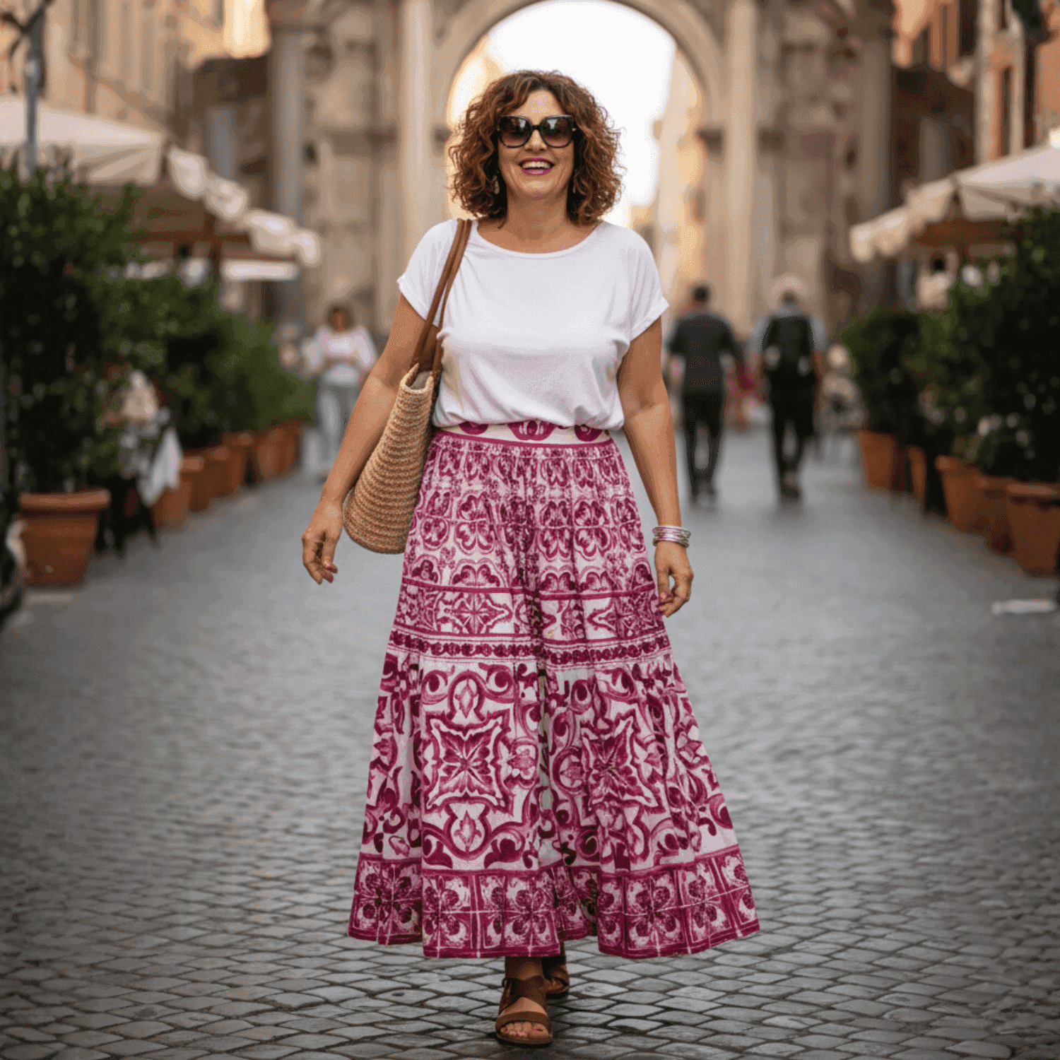 Woman wearing a tiered, high-waisted 100% cotton maxi skirt featuring a vibrant red and white Majolica tile print.