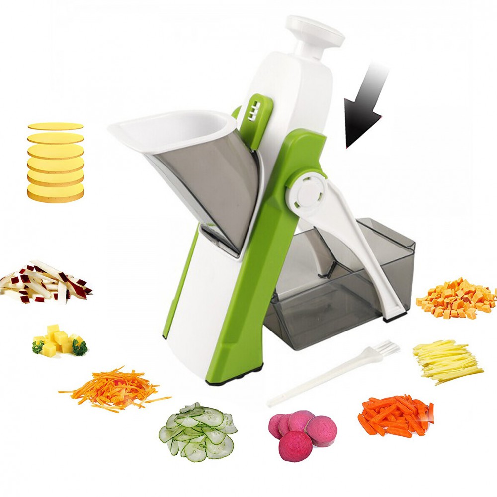 Corta verduras manual con varios tipos de corte y accesorios de seguridad, ideal para preparar ensaladas y vegetales.