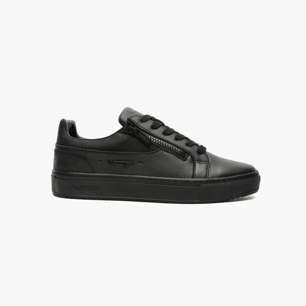 Sneaker VO7 Roma Snake Dark : cuir noir texturé façon serpent, fermeture éclair latérale, lacets et semelle assortis.