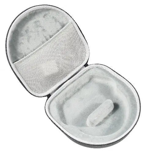 Open black hard-shell travel case with grey velvet interior, mesh pocket, and molded center support for headphones.